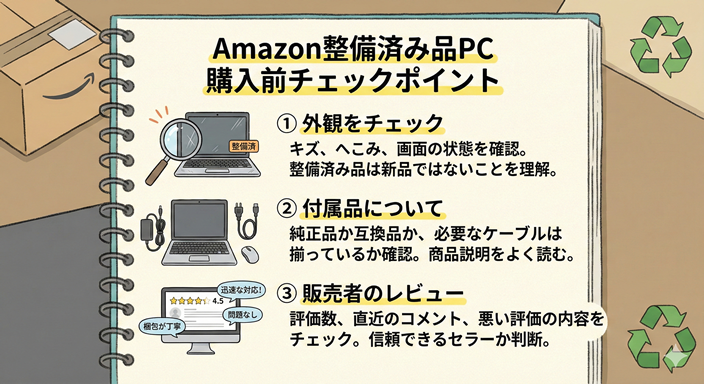 Amazon整備済み品パソコンの購入前チェックポイントのイラスト