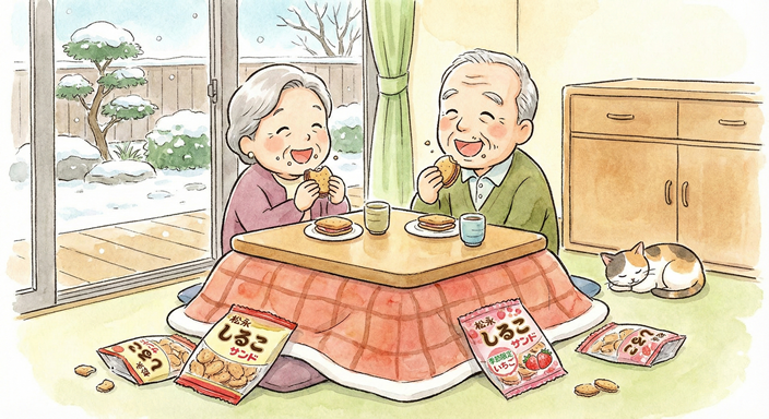 しるこサンドをつまむ高齢者