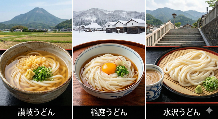 日本三大うどん:讃岐、稲庭、水沢の図
