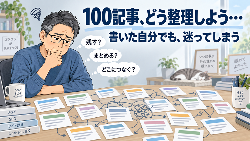 男性ブロガーが、机いっぱいに広がった記事のカードを前に、困った表情で考えている